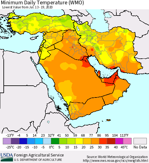 Middle East and Turkey Minimum Daily Temperature (WMO) Thematic Map For 7/13/2020 - 7/19/2020