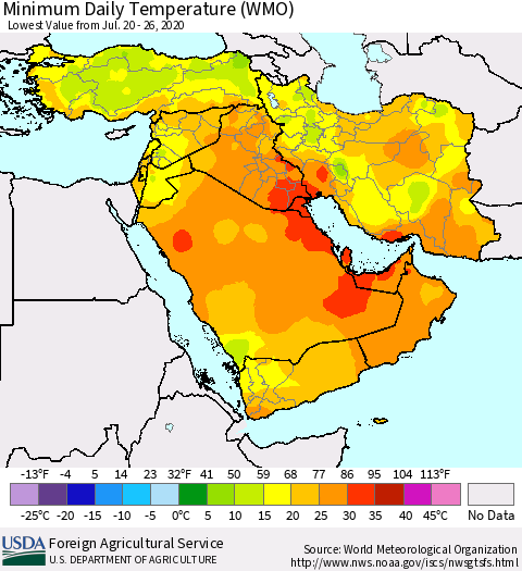 Middle East and Turkey Minimum Daily Temperature (WMO) Thematic Map For 7/20/2020 - 7/26/2020