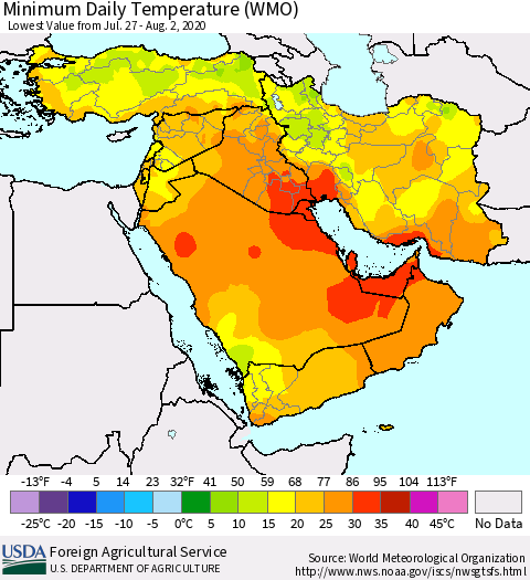 Middle East and Turkey Minimum Daily Temperature (WMO) Thematic Map For 7/27/2020 - 8/2/2020