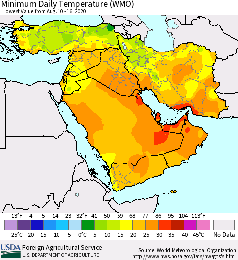 Middle East and Turkey Minimum Daily Temperature (WMO) Thematic Map For 8/10/2020 - 8/16/2020