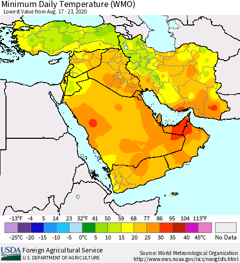 Middle East and Turkey Minimum Daily Temperature (WMO) Thematic Map For 8/17/2020 - 8/23/2020