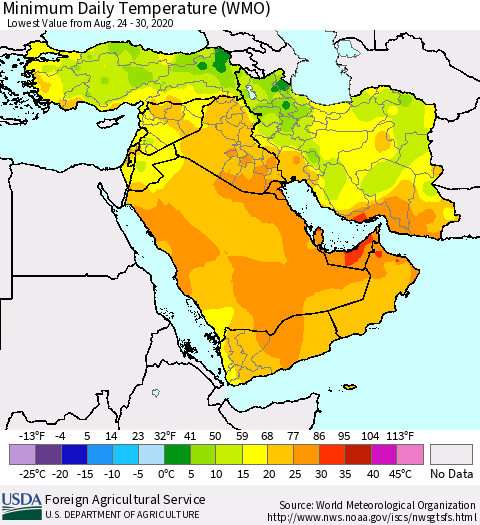 Middle East and Turkey Minimum Daily Temperature (WMO) Thematic Map For 8/24/2020 - 8/30/2020