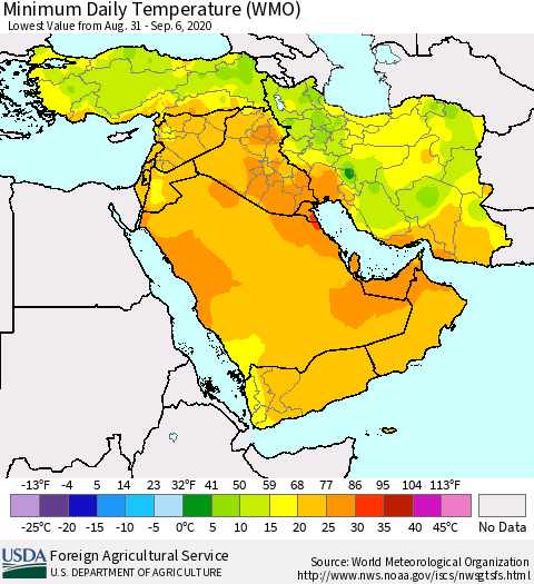 Middle East and Turkey Minimum Daily Temperature (WMO) Thematic Map For 8/31/2020 - 9/6/2020