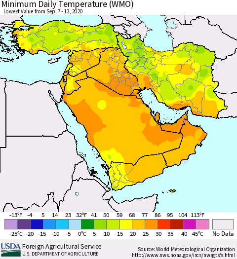 Middle East and Turkey Minimum Daily Temperature (WMO) Thematic Map For 9/7/2020 - 9/13/2020