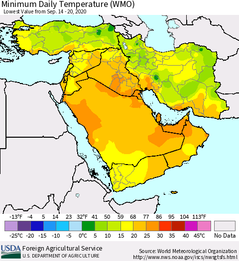 Middle East and Turkey Minimum Daily Temperature (WMO) Thematic Map For 9/14/2020 - 9/20/2020