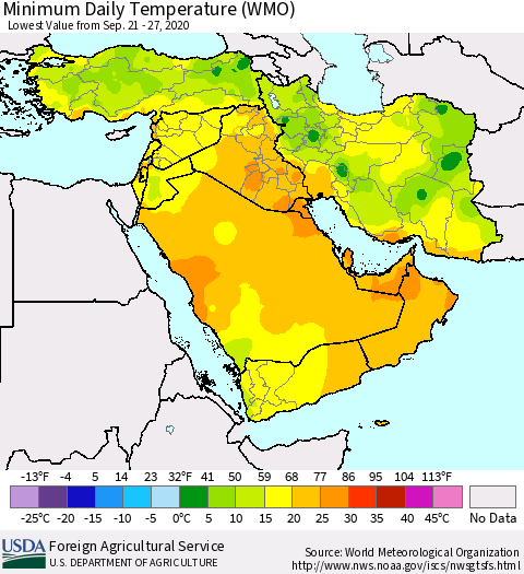 Middle East and Turkey Minimum Daily Temperature (WMO) Thematic Map For 9/21/2020 - 9/27/2020
