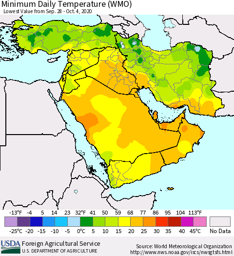 Middle East and Turkey Minimum Daily Temperature (WMO) Thematic Map For 9/28/2020 - 10/4/2020