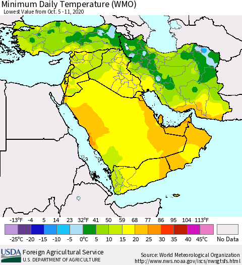 Middle East and Turkey Minimum Daily Temperature (WMO) Thematic Map For 10/5/2020 - 10/11/2020