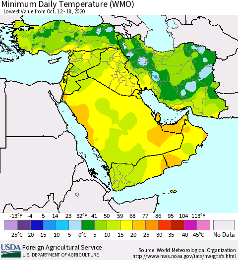 Middle East and Turkey Minimum Daily Temperature (WMO) Thematic Map For 10/12/2020 - 10/18/2020