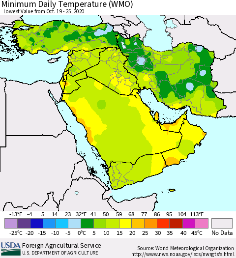 Middle East and Turkey Minimum Daily Temperature (WMO) Thematic Map For 10/19/2020 - 10/25/2020