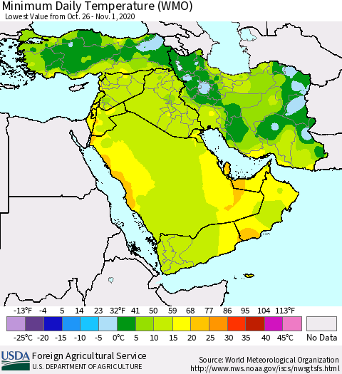 Middle East and Turkey Minimum Daily Temperature (WMO) Thematic Map For 10/26/2020 - 11/1/2020