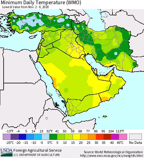Middle East and Turkey Minimum Daily Temperature (WMO) Thematic Map For 11/2/2020 - 11/8/2020