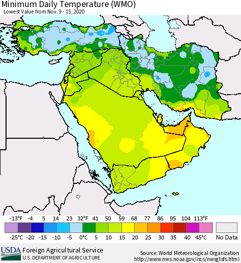 Middle East and Turkey Minimum Daily Temperature (WMO) Thematic Map For 11/9/2020 - 11/15/2020