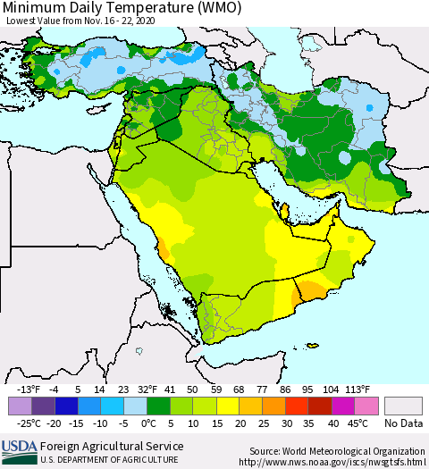Middle East and Turkey Minimum Daily Temperature (WMO) Thematic Map For 11/16/2020 - 11/22/2020