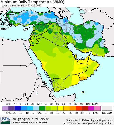 Middle East and Turkey Minimum Daily Temperature (WMO) Thematic Map For 11/23/2020 - 11/29/2020