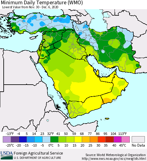 Middle East and Turkey Minimum Daily Temperature (WMO) Thematic Map For 11/30/2020 - 12/6/2020