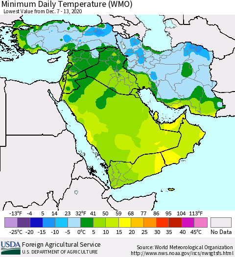 Middle East and Turkey Minimum Daily Temperature (WMO) Thematic Map For 12/7/2020 - 12/13/2020