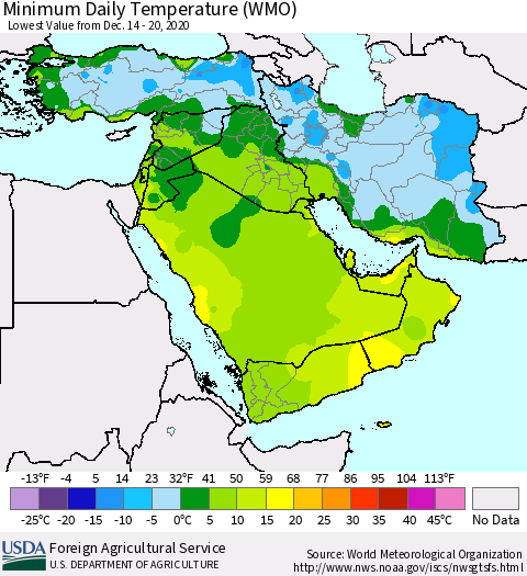 Middle East and Turkey Minimum Daily Temperature (WMO) Thematic Map For 12/14/2020 - 12/20/2020