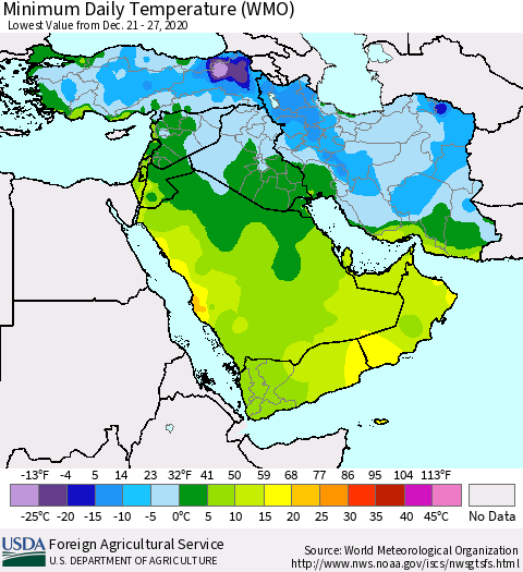 Middle East and Turkey Minimum Daily Temperature (WMO) Thematic Map For 12/21/2020 - 12/27/2020
