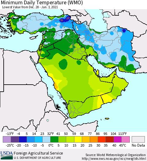 Middle East and Turkey Minimum Daily Temperature (WMO) Thematic Map For 12/28/2020 - 1/3/2021