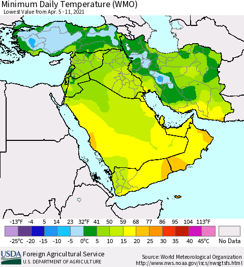 Middle East and Turkey Minimum Daily Temperature (WMO) Thematic Map For 4/5/2021 - 4/11/2021