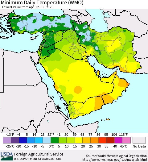 Middle East and Turkey Minimum Daily Temperature (WMO) Thematic Map For 4/12/2021 - 4/18/2021