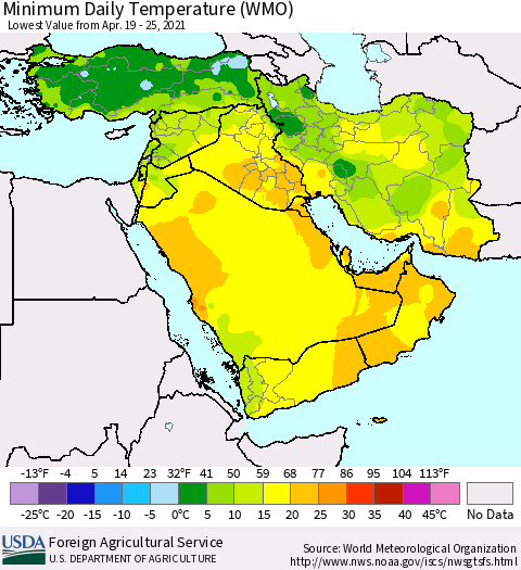 Middle East and Turkey Minimum Daily Temperature (WMO) Thematic Map For 4/19/2021 - 4/25/2021