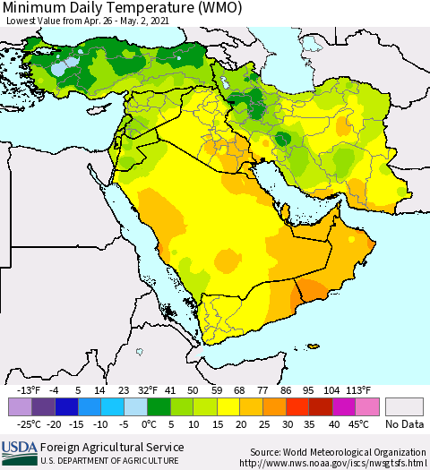 Middle East and Turkey Minimum Daily Temperature (WMO) Thematic Map For 4/26/2021 - 5/2/2021
