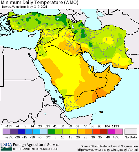 Middle East and Turkey Minimum Daily Temperature (WMO) Thematic Map For 5/3/2021 - 5/9/2021