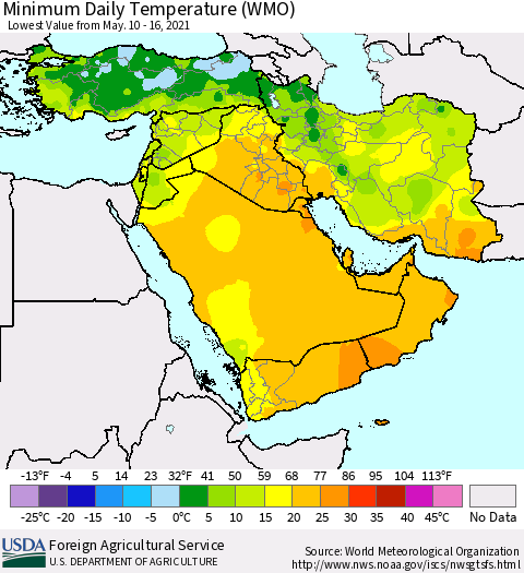 Middle East and Turkey Minimum Daily Temperature (WMO) Thematic Map For 5/10/2021 - 5/16/2021