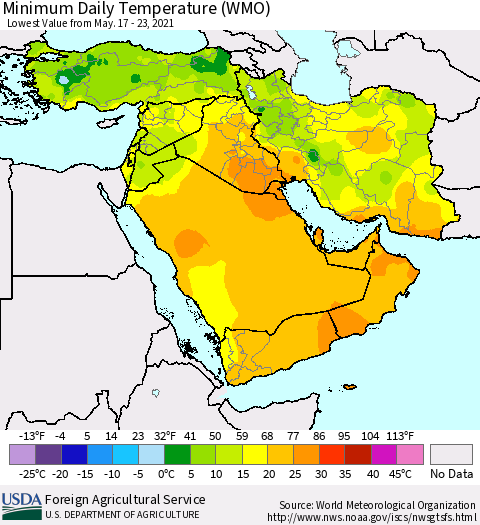 Middle East and Turkey Minimum Daily Temperature (WMO) Thematic Map For 5/17/2021 - 5/23/2021