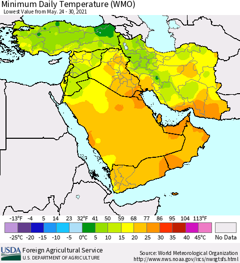 Middle East and Turkey Minimum Daily Temperature (WMO) Thematic Map For 5/24/2021 - 5/30/2021