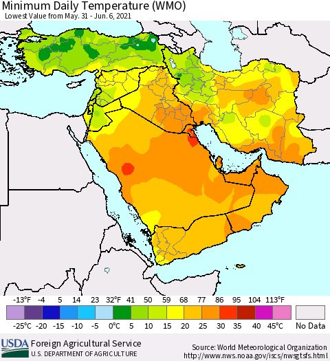 Middle East and Turkey Minimum Daily Temperature (WMO) Thematic Map For 5/31/2021 - 6/6/2021
