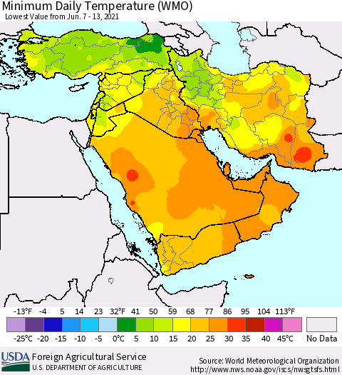 Middle East and Turkey Minimum Daily Temperature (WMO) Thematic Map For 6/7/2021 - 6/13/2021