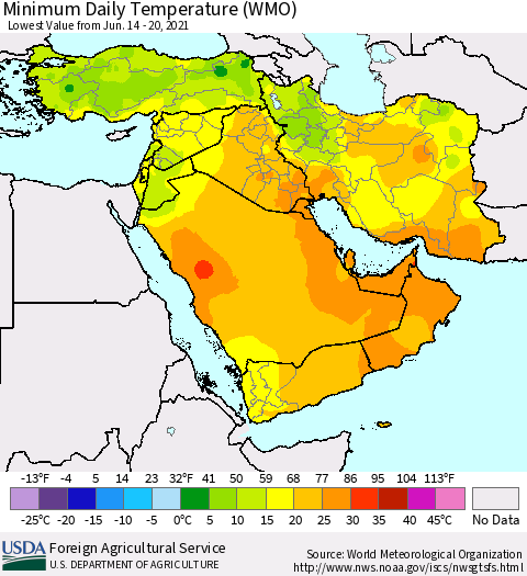 Middle East and Turkey Minimum Daily Temperature (WMO) Thematic Map For 6/14/2021 - 6/20/2021