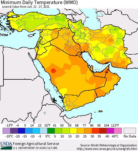 Middle East and Turkey Minimum Daily Temperature (WMO) Thematic Map For 6/21/2021 - 6/27/2021