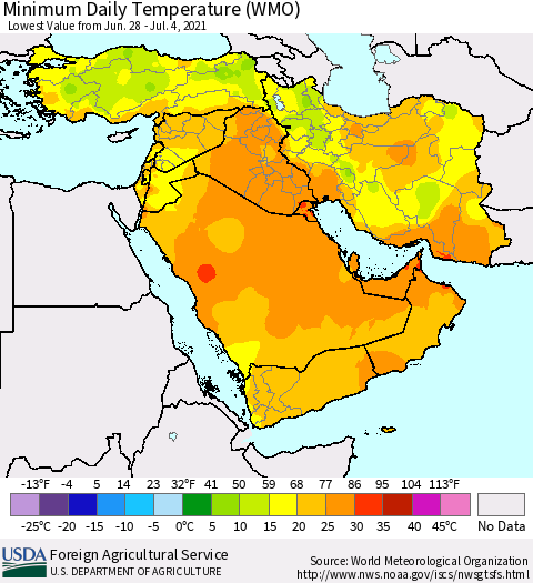 Middle East and Turkey Minimum Daily Temperature (WMO) Thematic Map For 6/28/2021 - 7/4/2021