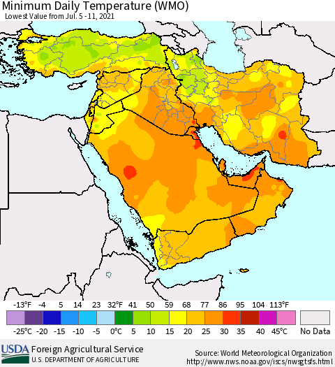 Middle East and Turkey Minimum Daily Temperature (WMO) Thematic Map For 7/5/2021 - 7/11/2021