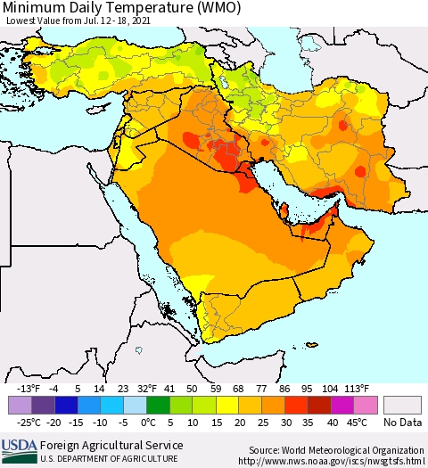 Middle East and Turkey Minimum Daily Temperature (WMO) Thematic Map For 7/12/2021 - 7/18/2021