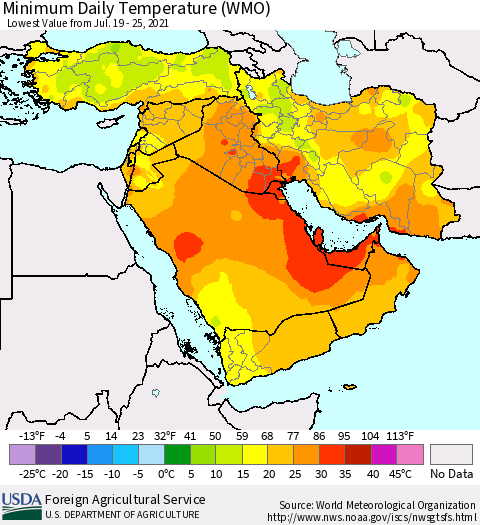 Middle East and Turkey Minimum Daily Temperature (WMO) Thematic Map For 7/19/2021 - 7/25/2021
