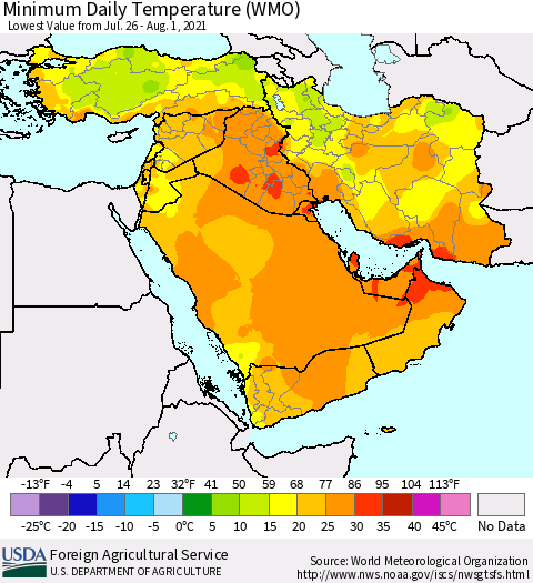 Middle East and Turkey Minimum Daily Temperature (WMO) Thematic Map For 7/26/2021 - 8/1/2021