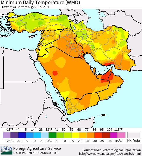 Middle East and Turkey Minimum Daily Temperature (WMO) Thematic Map For 8/9/2021 - 8/15/2021