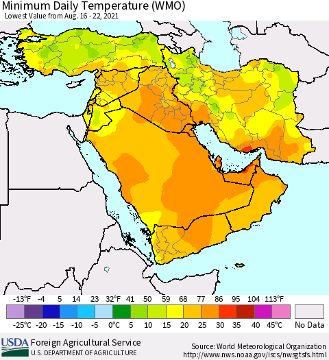 Middle East and Turkey Minimum Daily Temperature (WMO) Thematic Map For 8/16/2021 - 8/22/2021