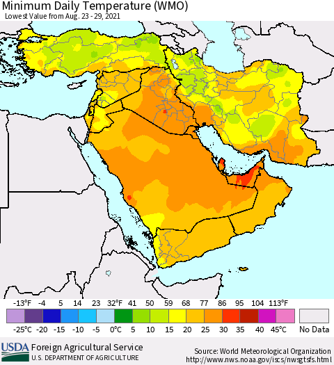 Middle East and Turkey Minimum Daily Temperature (WMO) Thematic Map For 8/23/2021 - 8/29/2021