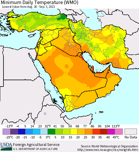 Middle East and Turkey Minimum Daily Temperature (WMO) Thematic Map For 8/30/2021 - 9/5/2021