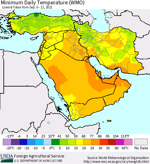 Middle East and Turkey Minimum Daily Temperature (WMO) Thematic Map For 9/6/2021 - 9/12/2021