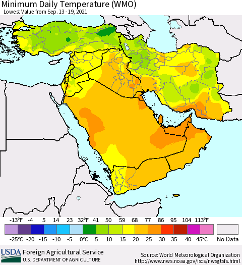 Middle East and Turkey Minimum Daily Temperature (WMO) Thematic Map For 9/13/2021 - 9/19/2021