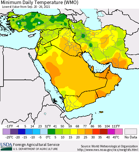 Middle East and Turkey Minimum Daily Temperature (WMO) Thematic Map For 9/20/2021 - 9/26/2021