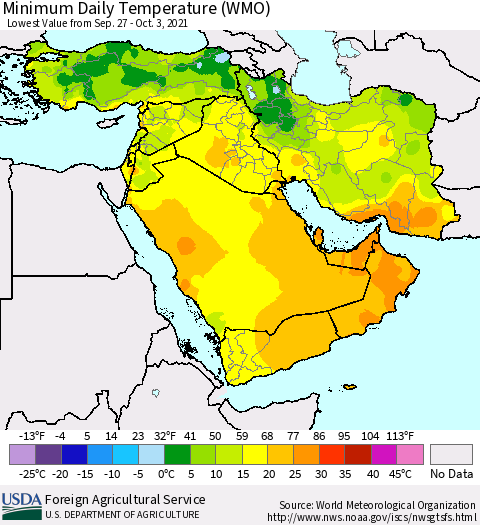 Middle East and Turkey Minimum Daily Temperature (WMO) Thematic Map For 9/27/2021 - 10/3/2021
