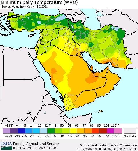 Middle East and Turkey Minimum Daily Temperature (WMO) Thematic Map For 10/4/2021 - 10/10/2021